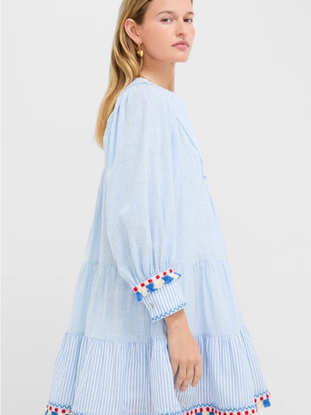 Tuckernuck Jen Dress XL NWT Chambray Blue Stripe Fringe Tassel Cotton Tiered - Picture 3 of 16